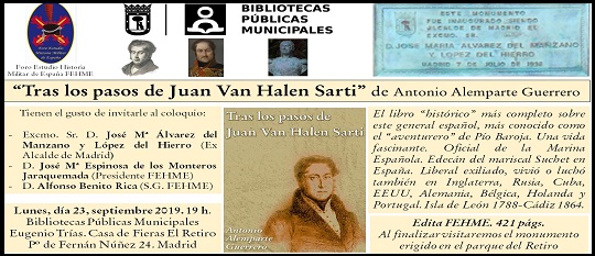 Presentación del libro "Tras los pasos de Juan van Halen Sarti" (lunes 23 sept. 19 h.).