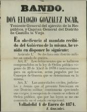 Cliqueu aquí per augmentar la imatge Bando del Capitán General de Castilla La Vieja declarando el Estado de Guerra. 1874