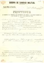 Pulsa aquí para aumentar la imagen Propuesta de regreso por enfermedad a la Península del soldado Antonio Aguilera Valverde, Puerto Rico, mayo de 1890. UCOS. A-HA. 42/90